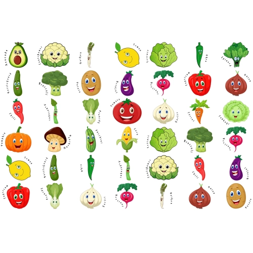 Vegetable Cartoon Sticker Sheet | 42 Fun Veggie Character Labels | Kids Learning Stickers